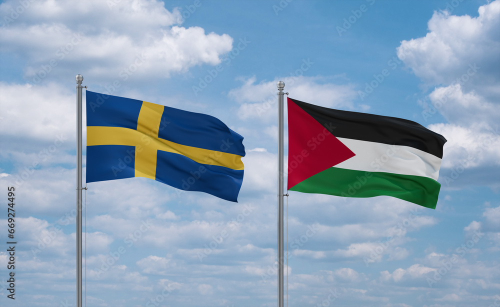 Palestine and Sweden flags, country relationship concept Palestine and Sweden flags, country relationship concept