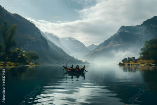 Close-up cinematic shot of the boat in the center of the lake. High quality