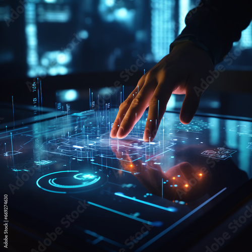 A persons hand touching a interactive hologram computer display that has glowing lights and shows interactive data