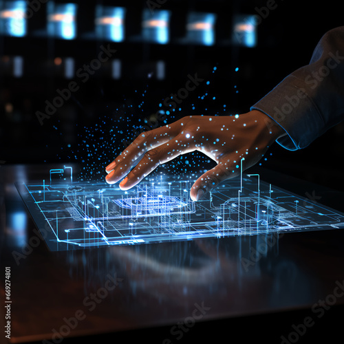 A persons hand touching a interactive hologram computer display that has glowing lights and shows interactive data