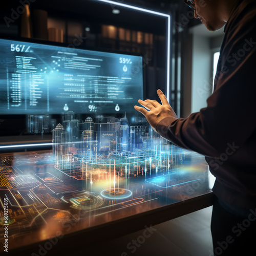 A persons hand touching a interactive hologram computer display that has glowing lights and shows interactive data