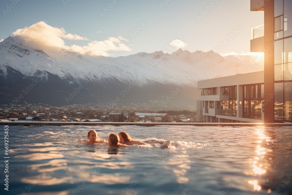 Relaxing in a geothermal spa, surrounded by the beauty of nature. - obrazy, fototapety, plakaty 