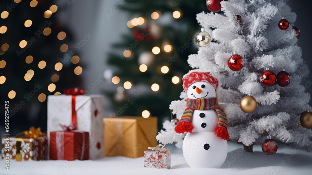 Decorated Christmas Tree with Presents and Toys of the Snowman and Santa Claus