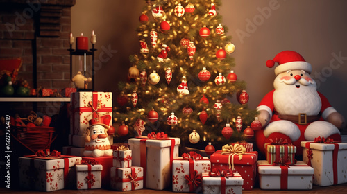Decorated Christmas Tree with Presents and Toys of the Snowman and Santa Claus