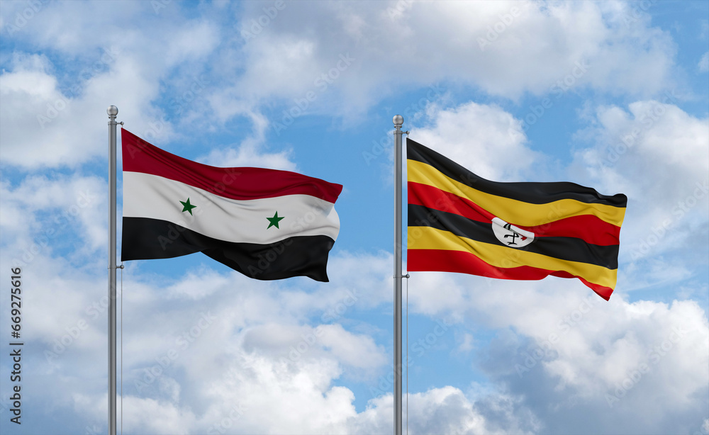 Uganda and Syrian flags, country relationship concept