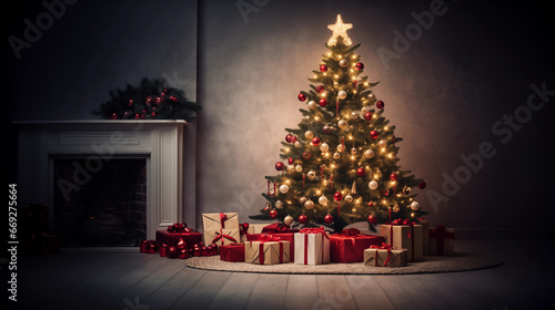 Decorated Christmas Tree with Presents and Big Star