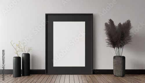 Empty black frame with mat on wooden floor with white wall, 45 ratio - 40x50 cm, 16 x 20 inches, poster frame mock up, 3d rendering photo