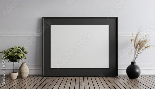 Empty black frame with mat on wooden floor with white wall, 45 ratio - 40x50 cm, 16 x 20 inches, poster frame mock up, 3d rendering