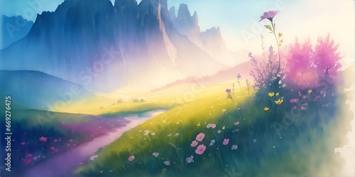 Beautiful spring meadow. AI generated illustration