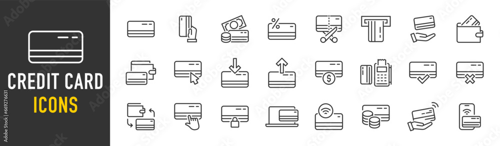 Credit Card web icons in line style. Payment, nfc, money, cash, pay pass, collection. Vector illustration. Credit Card web icons in line style. Payment, nfc, money, cash, pay pass, collection. Vector illustration.