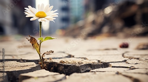 A single daisy growing through cracks in a concrete jungle. © Creative artist1