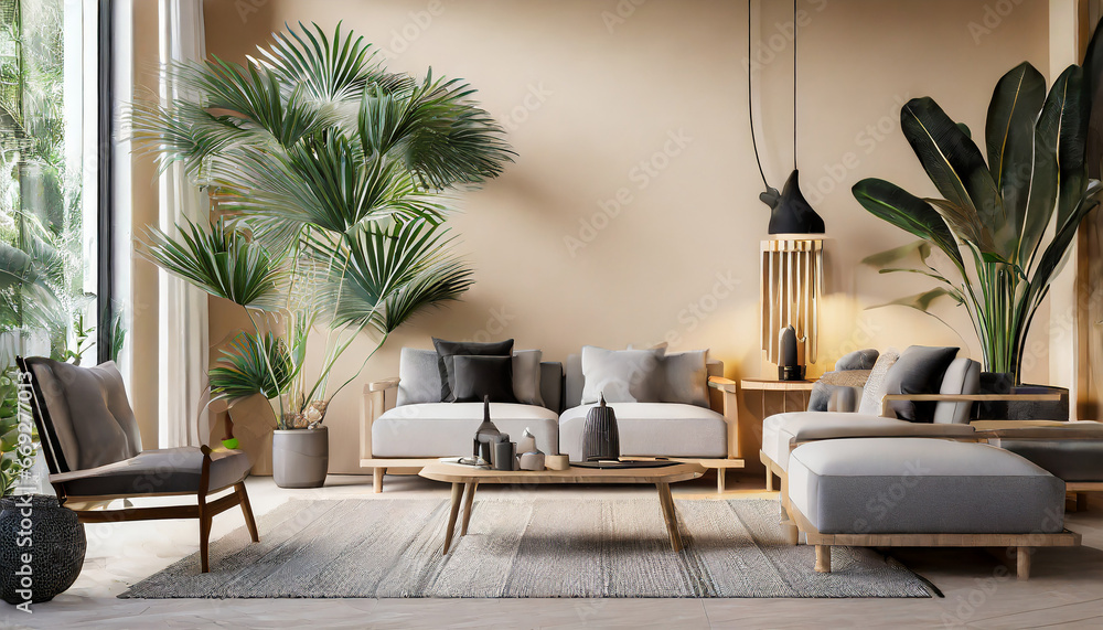 Fototapeta premium modern living room interior with beige wall, gray and wooden furniture and tropical plants with palm leaves, 3d rendering