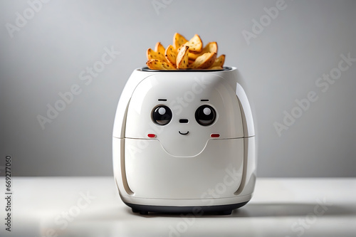 Cute airfryer mascot with potato wedges on white background. The airfryer is white in color with smiling face and rosy cheeks.