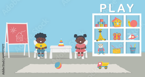 Cute black children sitting on chairs in the kids' room. Playroom interior. Kids' room in blue color. Cabinet with toys, blackboard, table, chairs, rug. Vector illustration