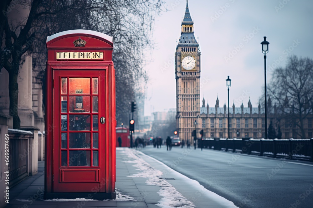 traditional telephone booth in London with Big Ben in the background - obrazy, fototapety, plakaty 