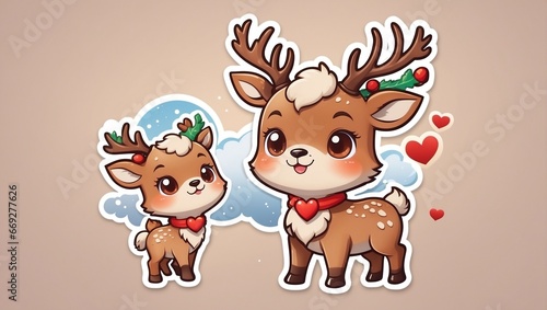 Cute stickers  style cartoon  two-dimensional  Detailed illustration of a Christmas reindeer  with many heart-shaped clouds in the background  highly detailed. Generative AI.