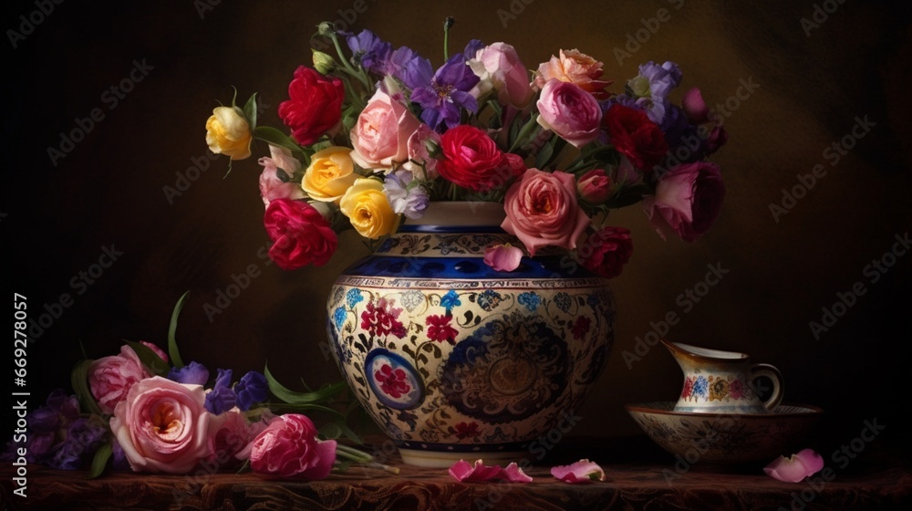 Fototapeta premium Beautiful many rose flowers vase bouquet wallpaper image AI generated art