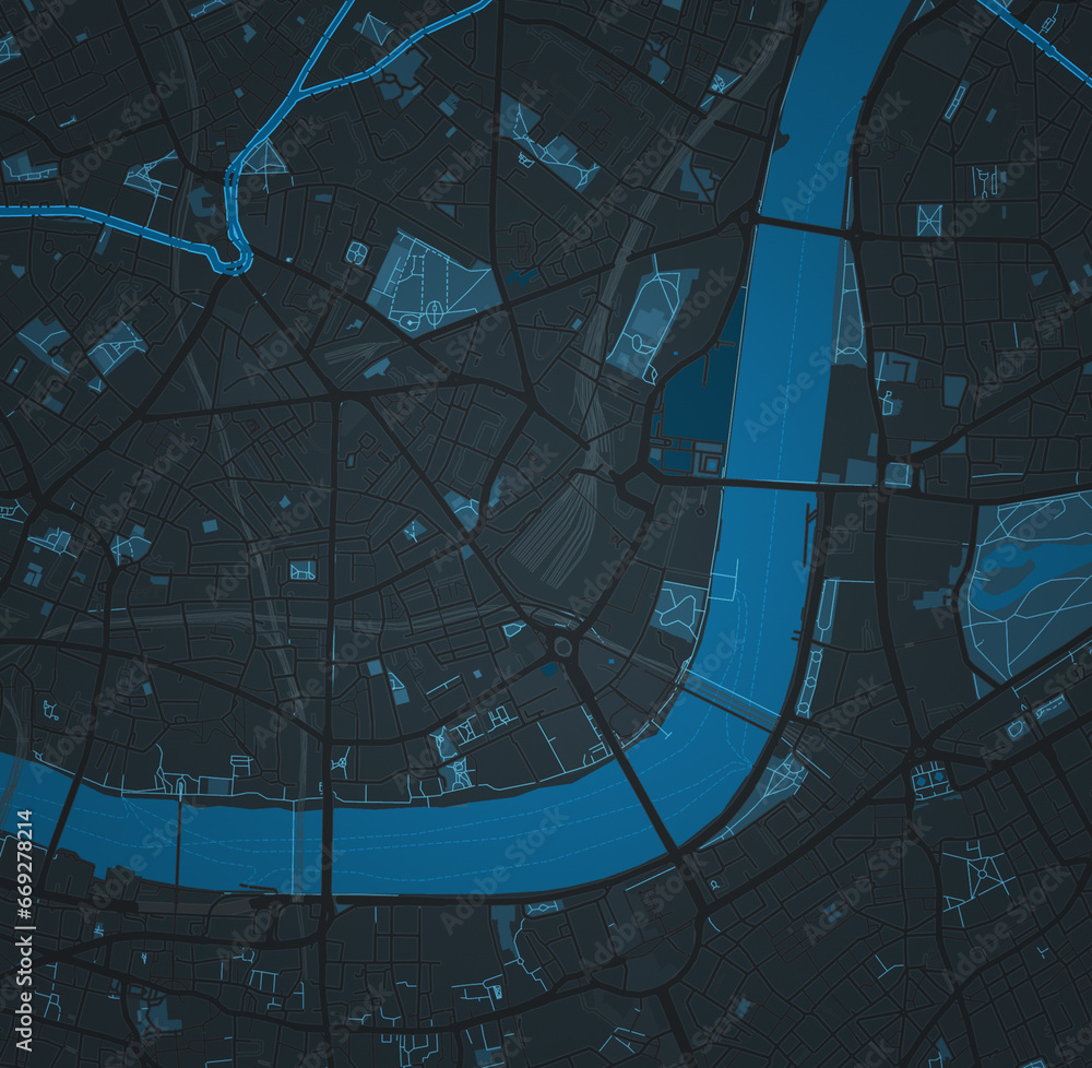Illustrative map of a fictional city in dark tones. Abstract city map background. - obrazy, fototapety, plakaty 