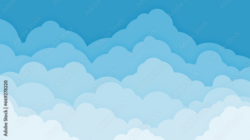 Blue sky with layered flat cartoon style clouds with color gradient to white. Abstract cloudy heaven illustration background. Design for banner, poster, flyer, card, brochure, web design etc.