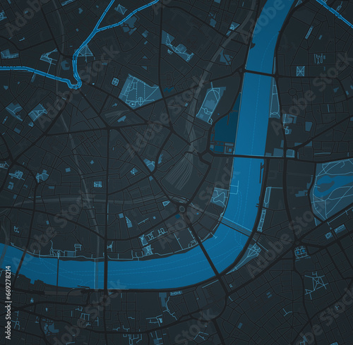 Illustrative map of a fictional city in dark tones. Abstract city map background. photo