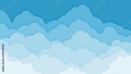 Blue sky with layered flat cartoon style clouds with color gradient to white. Abstract cloudy heaven illustration background. Design for banner, poster, flyer, card, brochure, web design etc.