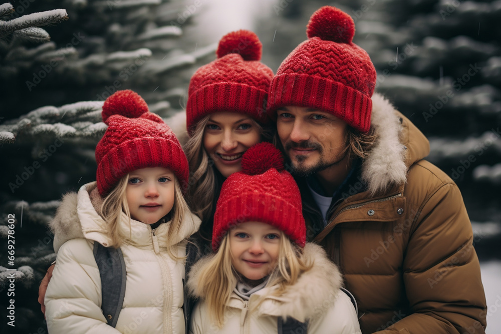 Happy family in red hats and scarves standing in winter forest. Happy family in red hats and scarves standing in winter forest.