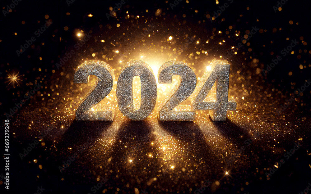 Happy New Year 2024 three-dimensional numbers encrusted with diamonds and surrounded by gold glitter. Happy New Year 2024 three-dimensional numbers encrusted with diamonds and surrounded by gold glitter.