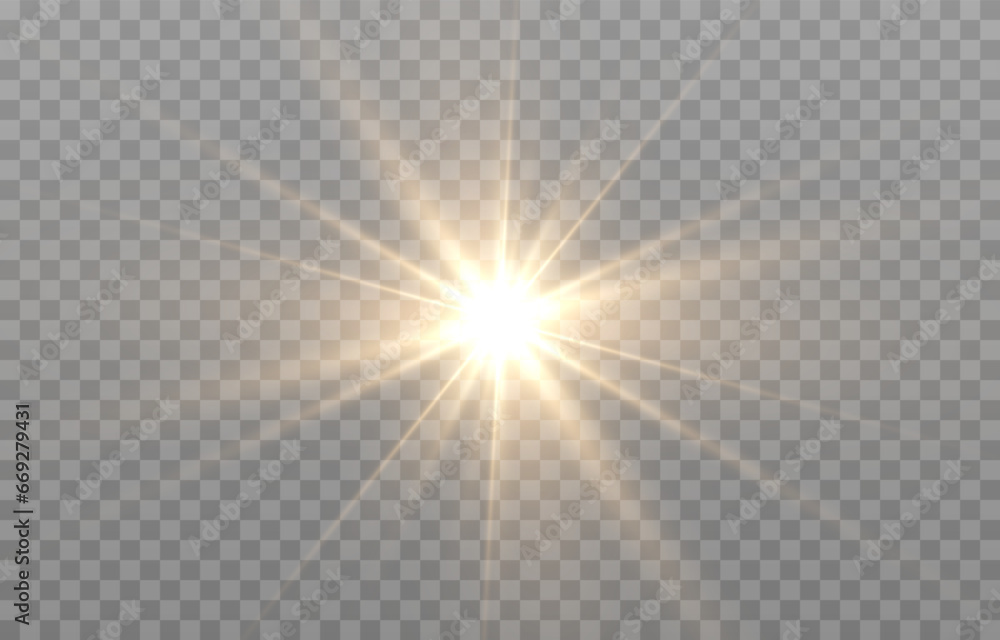 Vector light on isolated transparent background. Sun, rays of light png. Magic glow, golden light png.	
