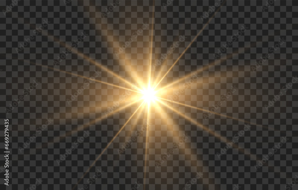 Vector light on isolated transparent background. Sun, rays of light png. Magic glow, golden light png.