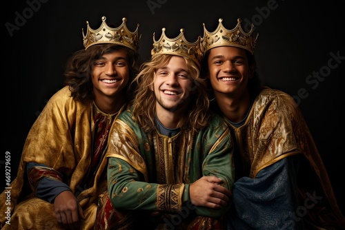 Portrait of three young adult men on three wise men costume. Reyes magos. Studio shot. Generative AI. photo