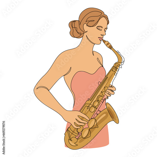 Silhouette of beautiful woman playing saxophone in continuous line modern style. Saxophonist girl, slim. Aesthetic decor sketches, posters, stickers, logo. set of vector illustrations.