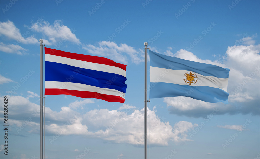 Argentina and Thailand flags, country relationship concept