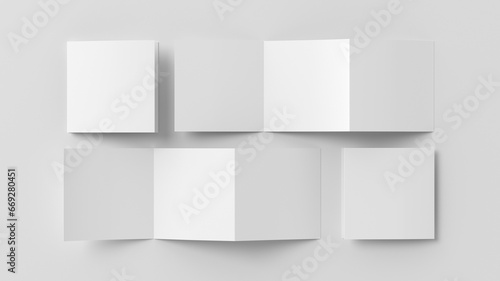 Square pages accordion or zigzag trifold brochure mockup on white background. Three panels, six pages leaflet photo