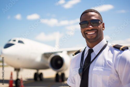 Portrait of an African-American airline pilot with an airplane in the background