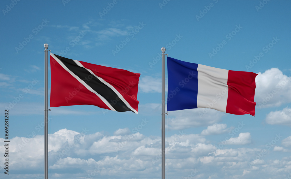 Trinidad, Tobago, and France flags, country relationship concept Trinidad, Tobago, and France flags, country relationship concept
