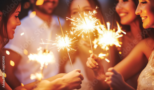 Group of happy people holding sparklers at Christmas or New year party and smiling. Bengal light at the wedding party photo