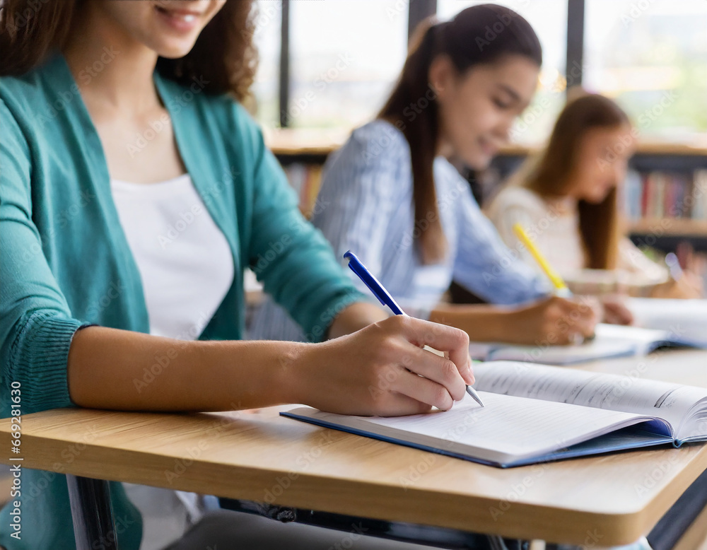High school or college student group sitting at desk in library studying and reading, doing homework and lesson practice preparing exam to entrance, education concept High school or college student group sitting at desk in library studying and reading, doing homework and lesson practice preparing exam to entrance, education concept