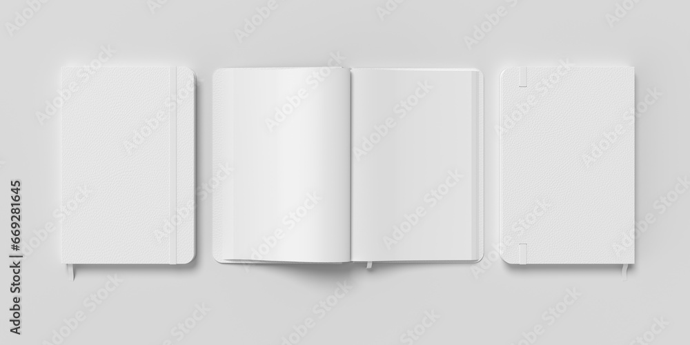 White cover notebook and opened notebook mockup on white background - obrazy, fototapety, plakaty 