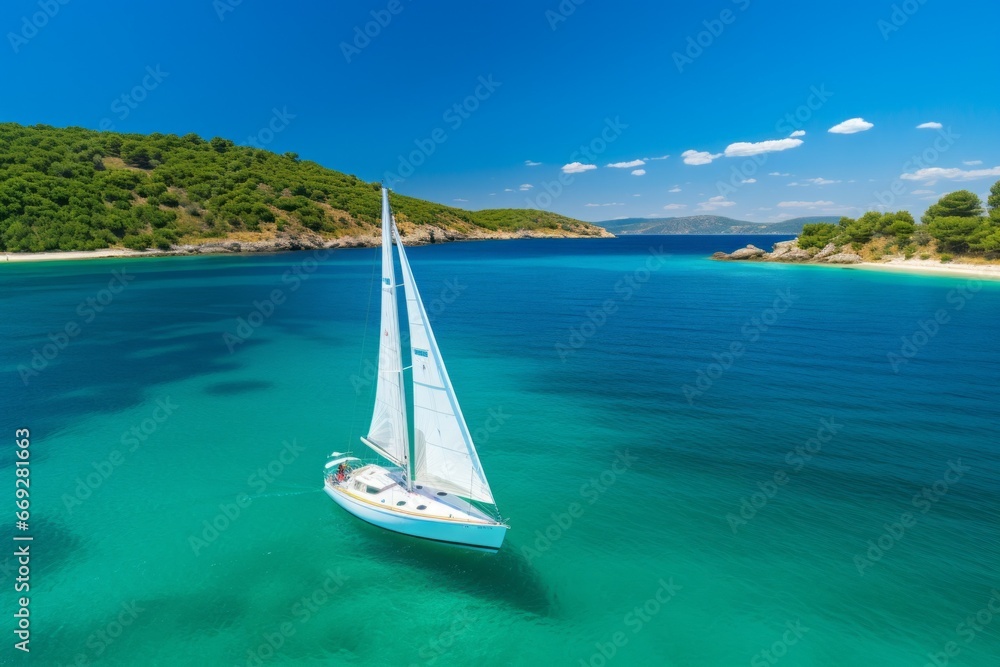 Sailboat at sea. Conceptual symbol. Background with selective focus and copy space - obrazy, fototapety, plakaty 