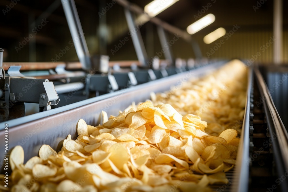 Chips factory. Production conveyor line. Background with selective focus and copy space Chips factory. Production conveyor line. Background with selective focus and copy space