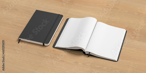 Black cover notebook and opened notebook mockup on wooden background photo