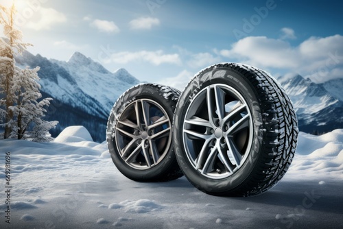 New car tires on the snow. Background with selective focus and copy space