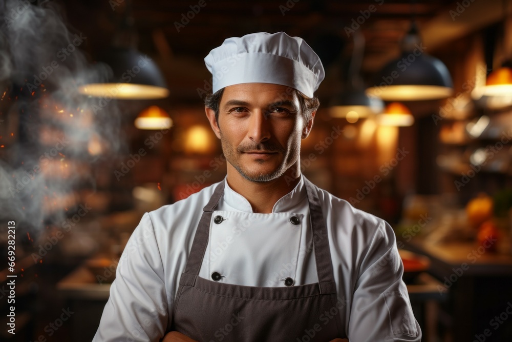 The man is a professional chef in the restaurant or hotel business. Portrait with selective focus and copy space