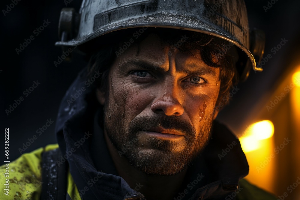 Male firefighter or rescuer. Portrait with selective focus and copy space Male firefighter or rescuer. Portrait with selective focus and copy space