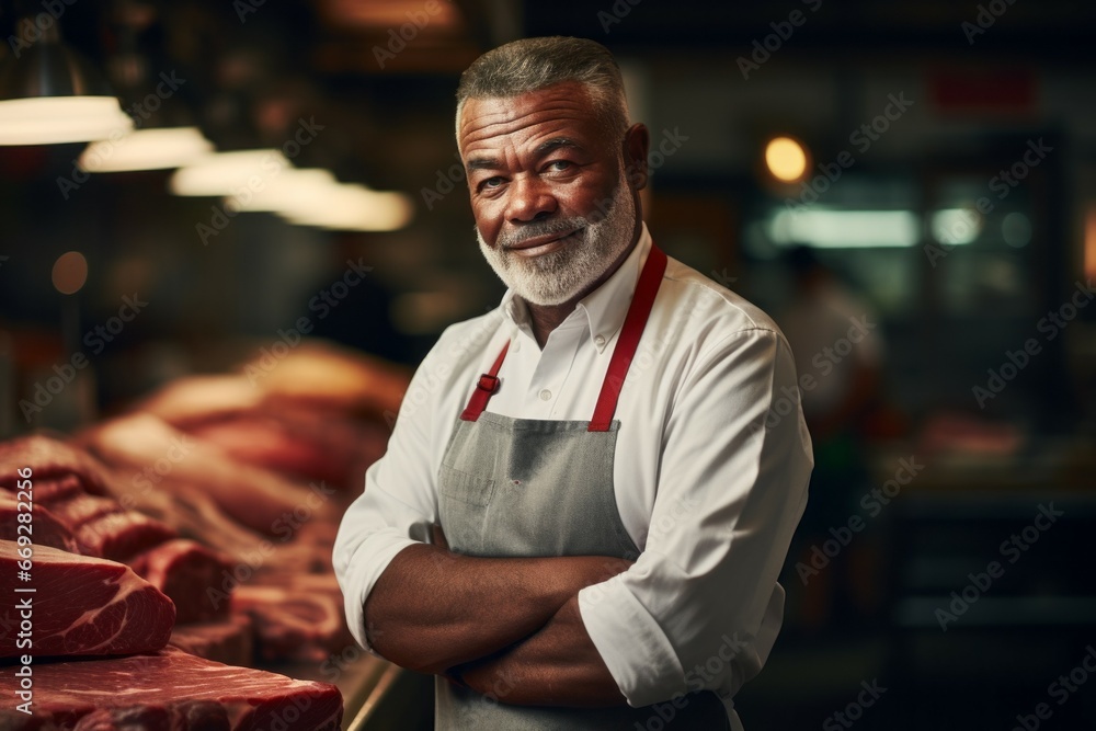 The man is a professional butcher. Profession concept. Portrait with selective focus and copy space The man is a professional butcher. Profession concept. Portrait with selective focus and copy space