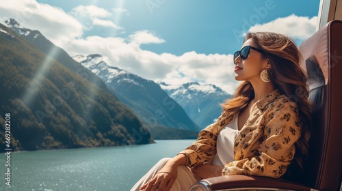 Luxury travel Alaska cruise holiday woman relaxing on balcony looking at view of mountains and nature landscape. Asian girl sunglasses tourist. 8k full hd high resolution image © sania
