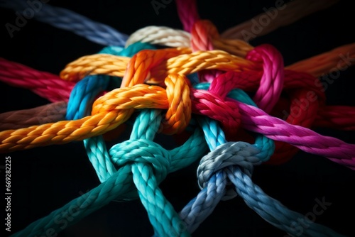 Different ropes are woven into a knot. Teamwork concept. Background with selective focus and copy space