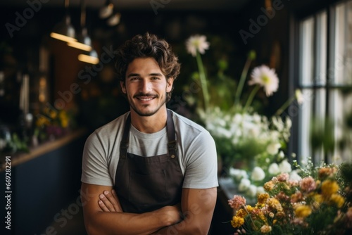 The man is a professional florist. Portrait with selective focus and copy space