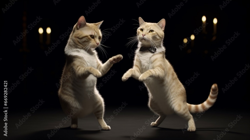 Cat couple dancing jive happily exaggerated animal illustration image AI generated art