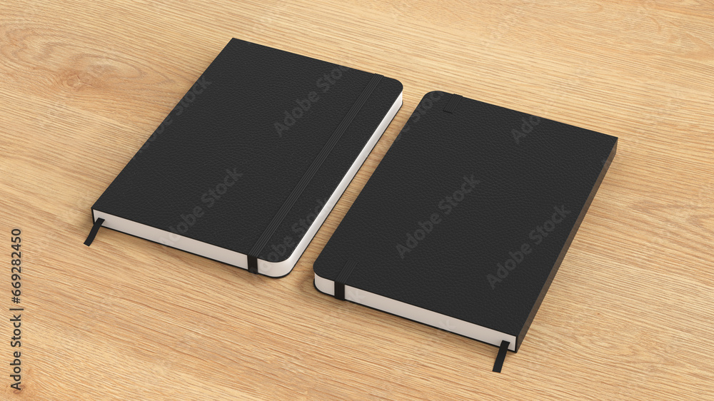 Black cover notebook mockup on wooden background Black cover notebook mockup on wooden background